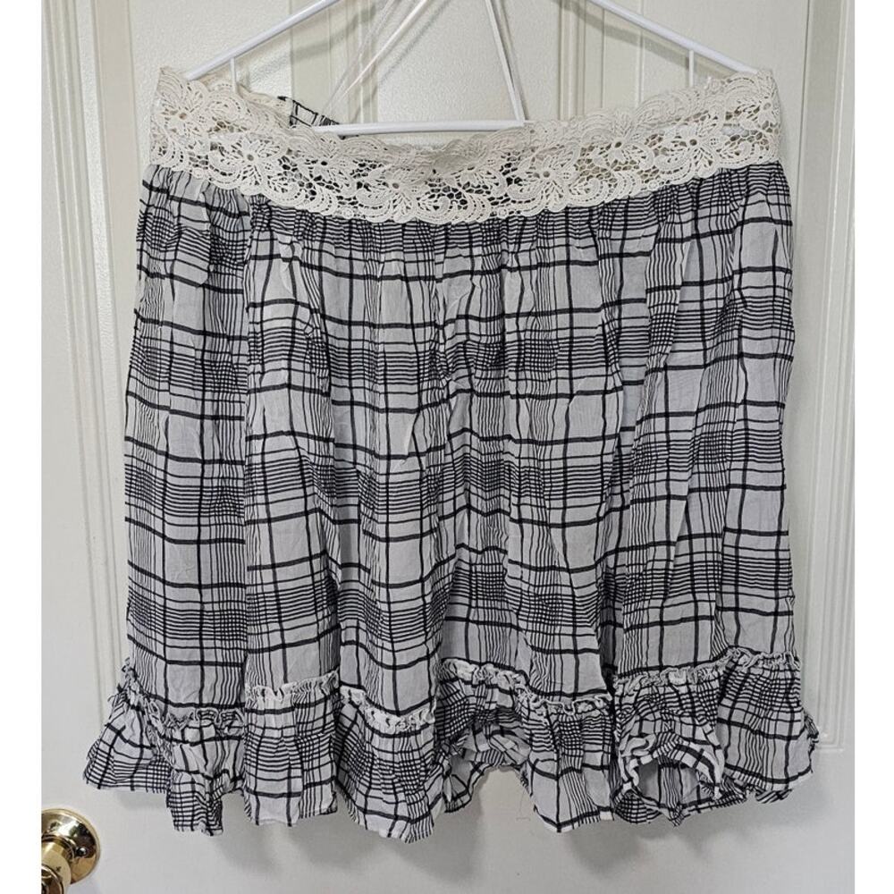 NWT LOFT Off-The-Shoulder Plaid Blouse Crochet Lace Trim Ruffle Hem Boho Top MED